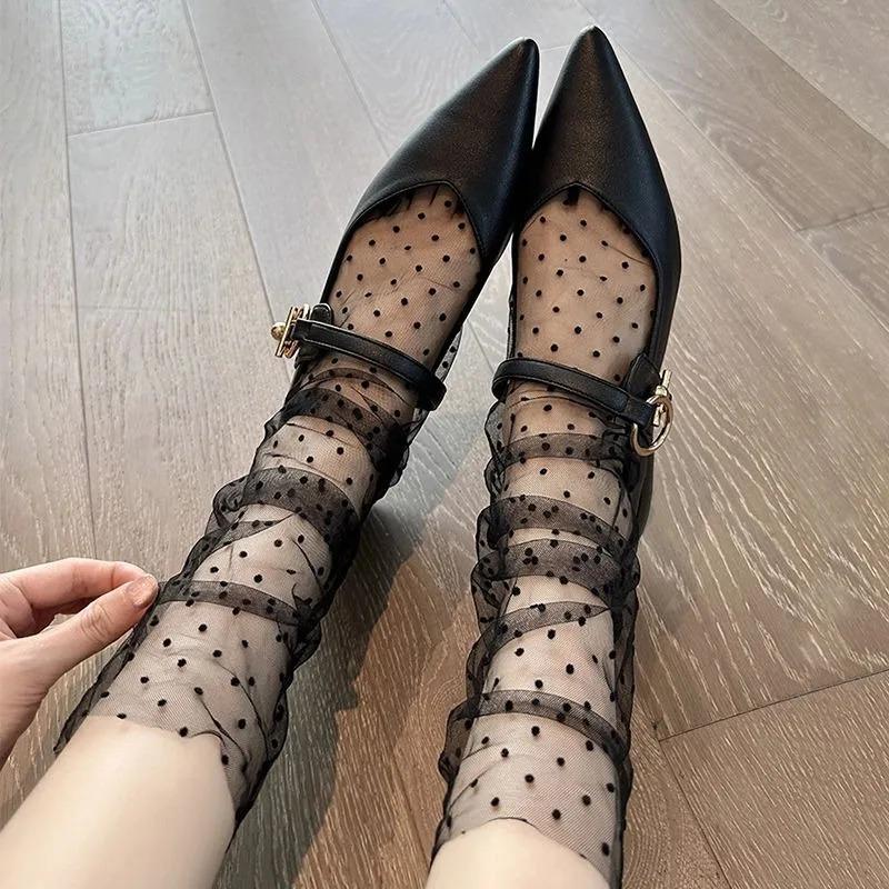 

Sexy Transparent Polka Dot Lace Socks Women Thin Silk Sheer Stacked Socks Summer Chic French Style Elegant Femme JK Lolita Socks One Size чёрный