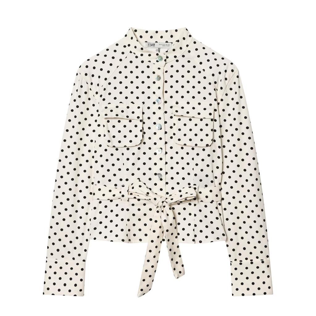 European and American style, wholesale women's clothing temperament polka dot shirt jacket + polka dot pocket mini shorts