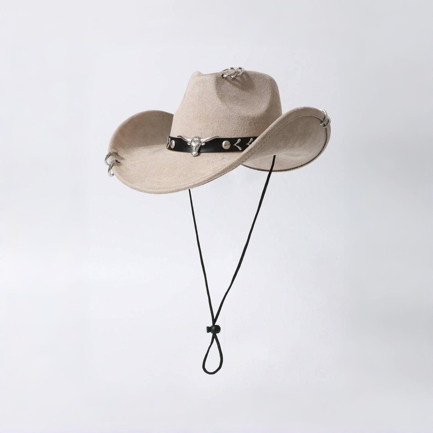 

Western cowboy hat for outdoor use, unisex, faux suede, punk style with metal iron ring and bull head logo, wide brim, suitable for horseback riding Average Size бежевый