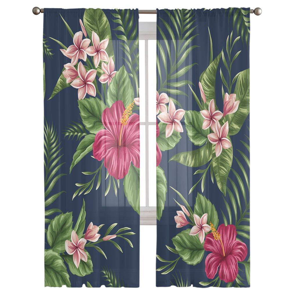Flower Leaves Feather Hibiscus Tulle Sheer Window Curtains for Living Room Kitchen Children Bedroom Voile Hanging Curtain