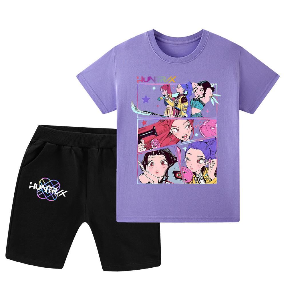 

WA1218 Kids Boys Girls Kpop Rumi Zoey Mira Print Short Sleeves T-shirt Shorts Pants Sets 160cm фіолетовий