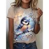 Women's T-shirt 3D Pattern Printed Casual Short Sleeved Colorful Animal Owl Pattern Print O-Neck Top Fashionable Street Women's Clothing