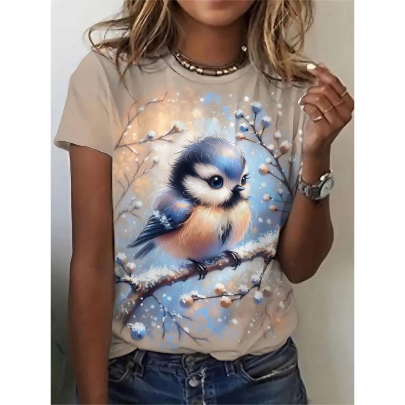 Women's T-shirt 3D Pattern Printed Casual Short Sleeved Colorful Animal Owl Pattern Print O-Neck Top Fashionable Street Women's Clothing