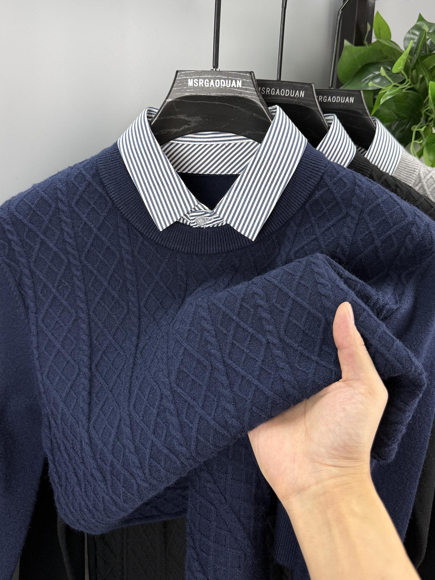 2025 Men s Trendy Fake Two-Piece Sweater: Warm Knit Shirt Collar Pullover for Autumn/Winter XL темно-синий