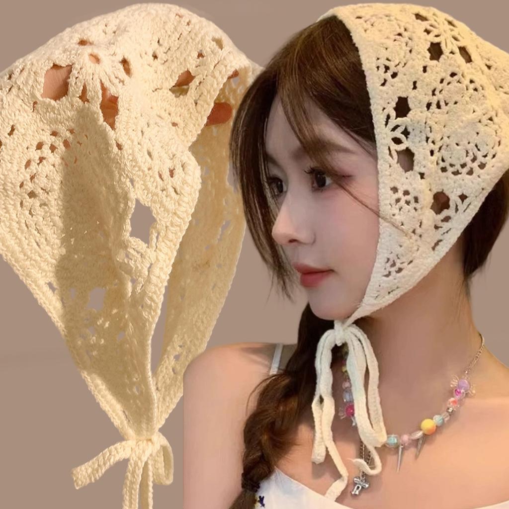 Beiges Baumwoll-Dreieck-Stirnband-Handtuch für Damen Sommerreise Haar-Schal Bandana Französischer Stil Hohlgitter-Stirnbänder