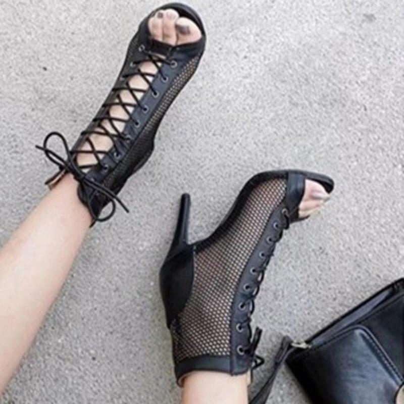 Fashion Fish Mouth Sandals Summer New Round Head Mesh Cloth Breathable Before Lacing Non-slip Wear-resistant High Heels