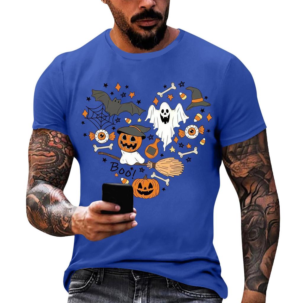 Men Casual Short Sleeve Halloween Print Tee Crew Neck Cotton Fit T Shirt for Everyday Wear and Sports