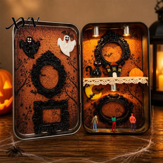 Portable Iron Box DIY Mini Photo Frames Silhouette Tin Box, Halloween Miniature Small Storage Picture Display Container for Party Home Decor