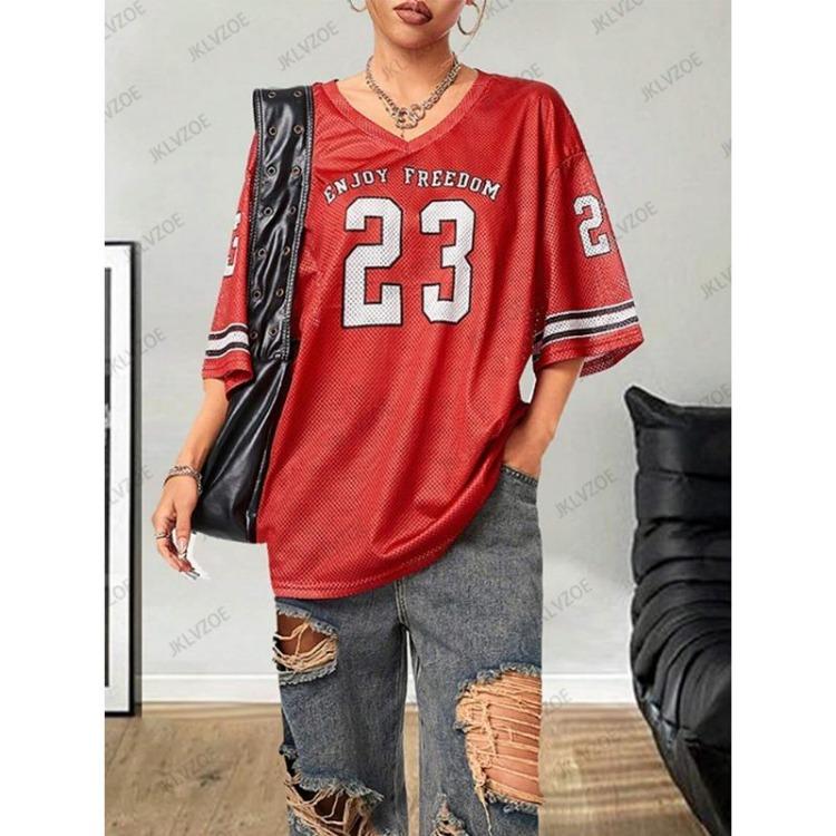 Y2K Oversized T Shirt For Women Summer Black V Neck Short Sleeve Mesh Football Jersey Sports Top Enjoy Freedom Print