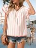 Women's Vertical Striped Blouse V Neck Ruffle Sleeve Pleated Trim Summer Top