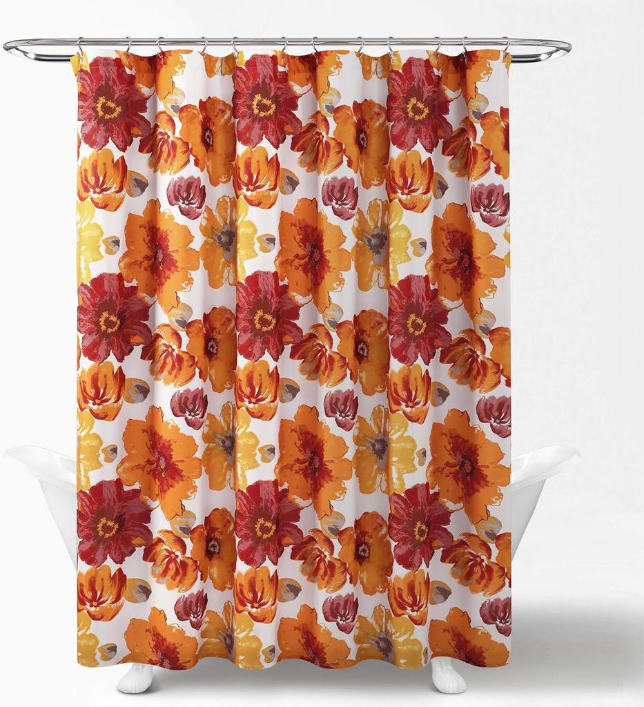 Lush Decor Leah Floral Shower Curtain, 72" W x 72" L, Red & Orange - Fabric Shower Curtains - Watercolor Botanical Bathroom Curt
