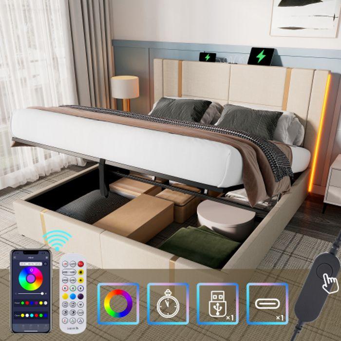 Lit Rembourré Fonction De Charge USB Type C Contrôle APP LED 140×200 , Tissu Lin Beige (avec Matelas)