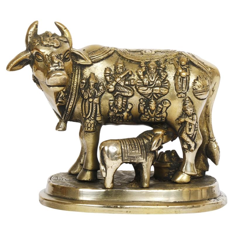 Золотая статуэтка Камадхену Исполняющая желания корова и теленок, Религиозная, Латунь