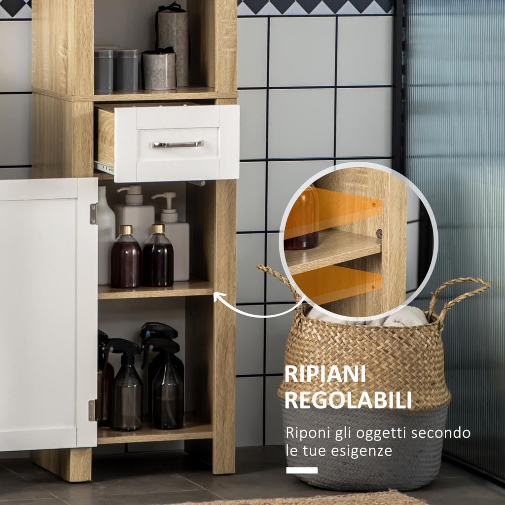 Tall Bathroom Cabinet In Particleboard with a Drawer, 2 Cabinets and 2 Adjustable Open Shelves, 37x30x184 Cm