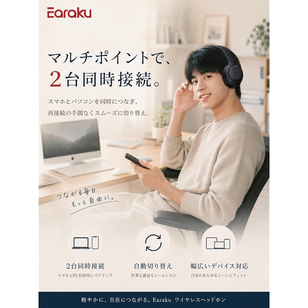 [Noise Reduction & Music Focus] Earaku Wireless Headphones Bluetooth 5.4 ANC Noise Cancelling / Up to 60 Hours Playback / Multipoint Support / Chargin