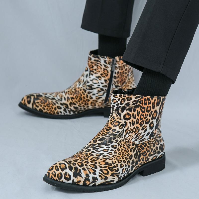 Winter New Fashion Men Pointed Leopard Pattern Chelsea Ankle Boots Male Casual Luxury Designer High-top Shoes Zapatos Hombre