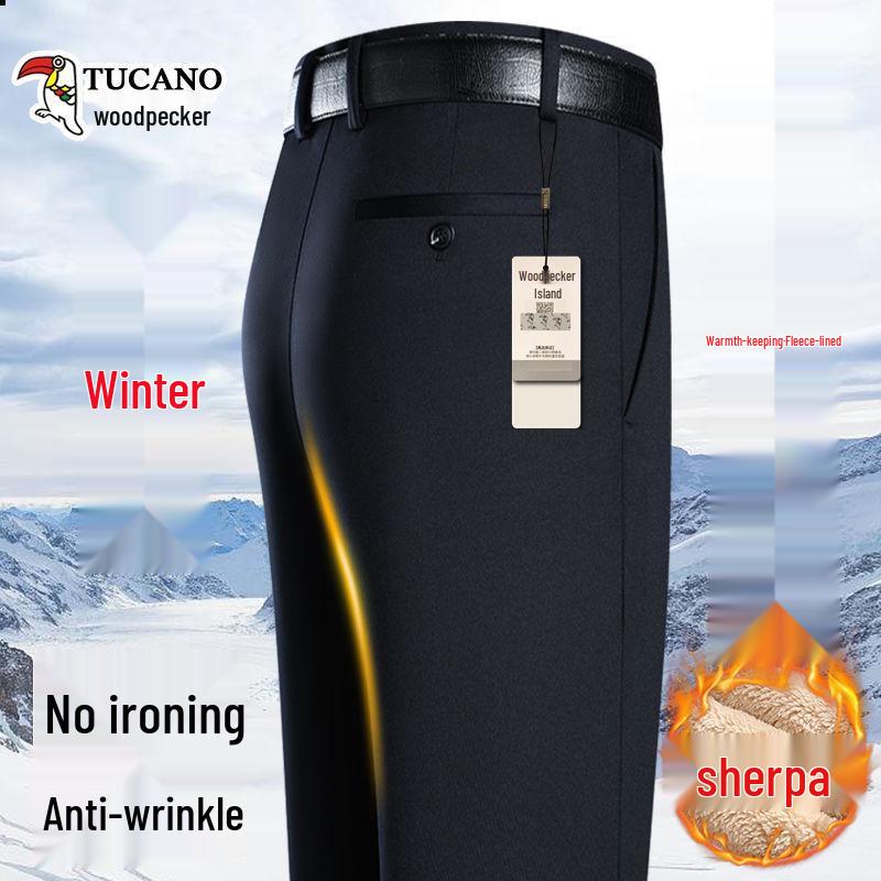 Men's Lambswool Fleece-Lined Straight-Leg Dress Pants for Autumn/Winter