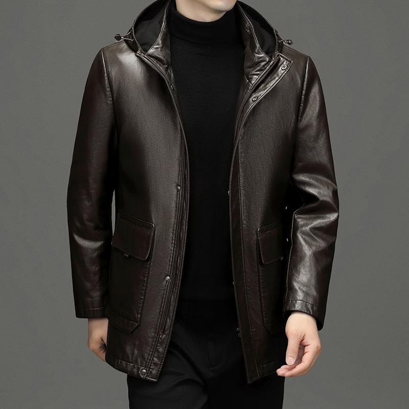 

Пуховая куртка из натуральной кожи, мужская зимняя куртка для пап среднего возраста, белая утепленная кожаная куртка с подкладкой из гусиного пуха, куртка средней длины 195