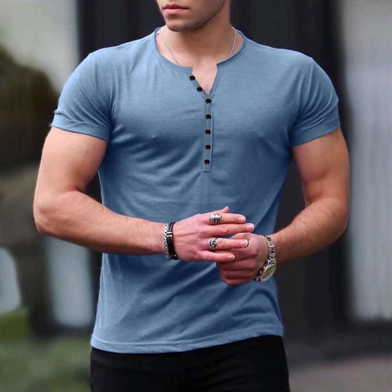 2026 Men's New Fashion Solid Color Short Sleeve T-shirt Casual Sports Button T-shirt Trendy Leggings