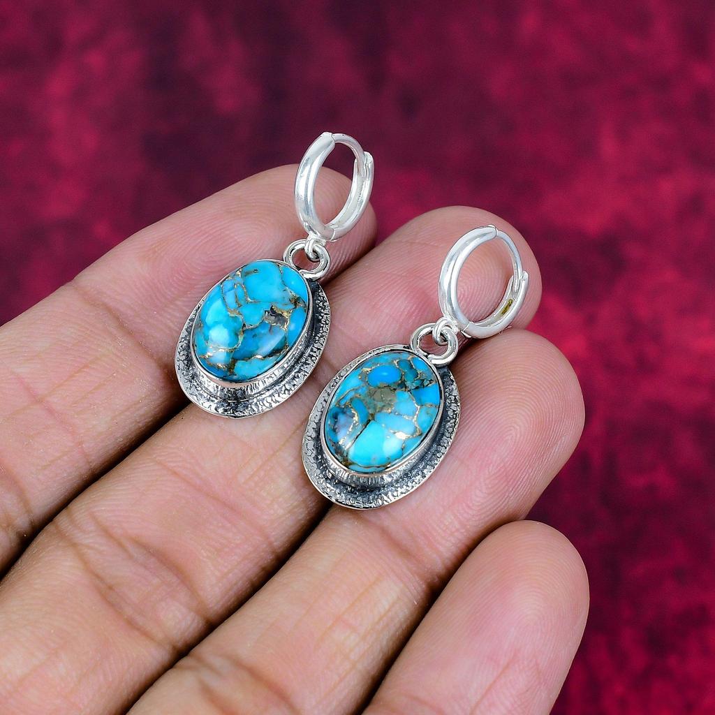 Blue Copper Turquoise Handmade Gemstone Earrings, 925 Solid Sterling Silver Earrings Antique Jewelry, For Engagement Gift