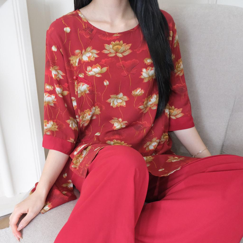 New Chinese national style cotton and silk pajamas women's spring and summer medium-sleeved wide-leg pants can be worn outside loungewear high-end