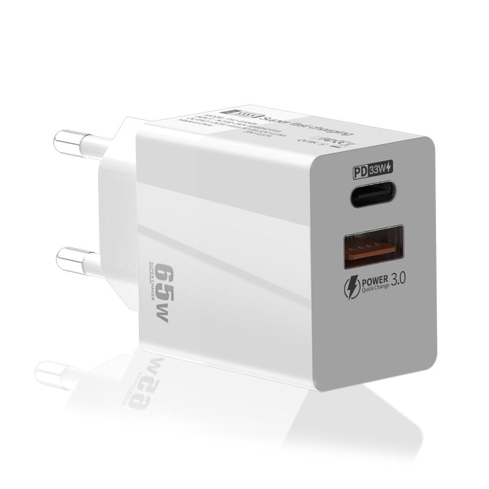 

Зарядное устройство USB C мощностью 65 Вт, блок питания USB-C, зарядное устройство на 2 порта с быстрым адаптером QC 3.0 PD 3.0 GaN для MacBook Pro Air iPhone 13 12 Pro EU White