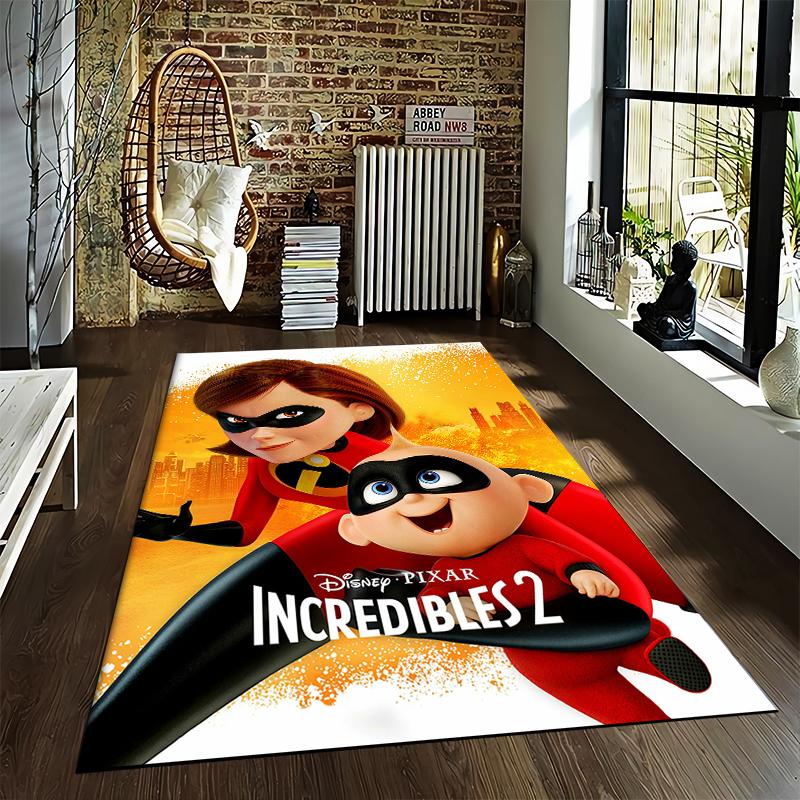 Incredibles 2 Elastigirl and Jack Jack Orange City Movie Poster Printed Carpet Rug for Gaming Room, Vibrant Durable Floor Covering
