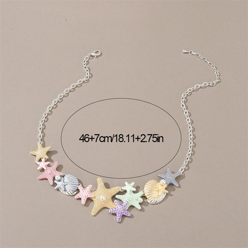 Summer Beach Colorful Vibe Starfish Shell Necklace for Women Imitation Pearl Choker Clavicle Chain Holiday Party Jewelry Gift