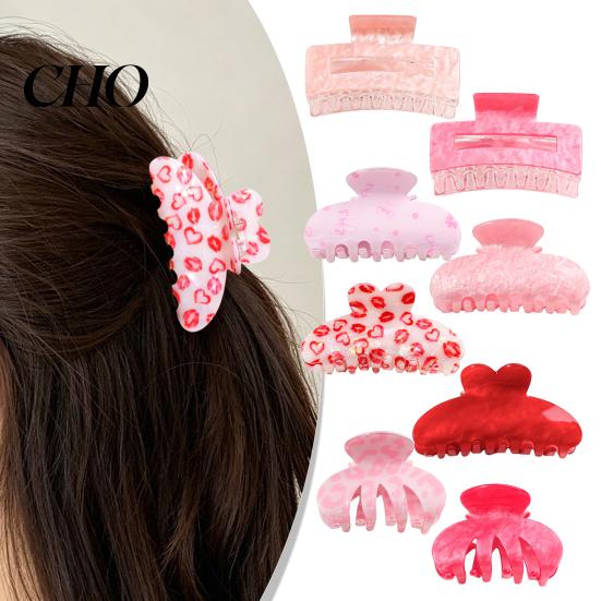 Strong Hold Hair Claw Anti-slip Teeth Leopard Heart Print Clip Pink Series Women Medium Size Back Head Shark Grip Accessory Multiple Colors