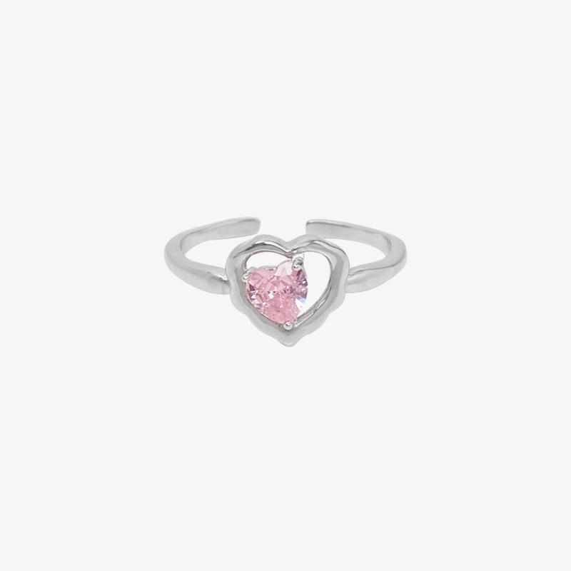 Trendy Pink Heart Zircon Adjustable Ring for Women - Stackable, Hollow Texture, Thin Band Open Adjustable