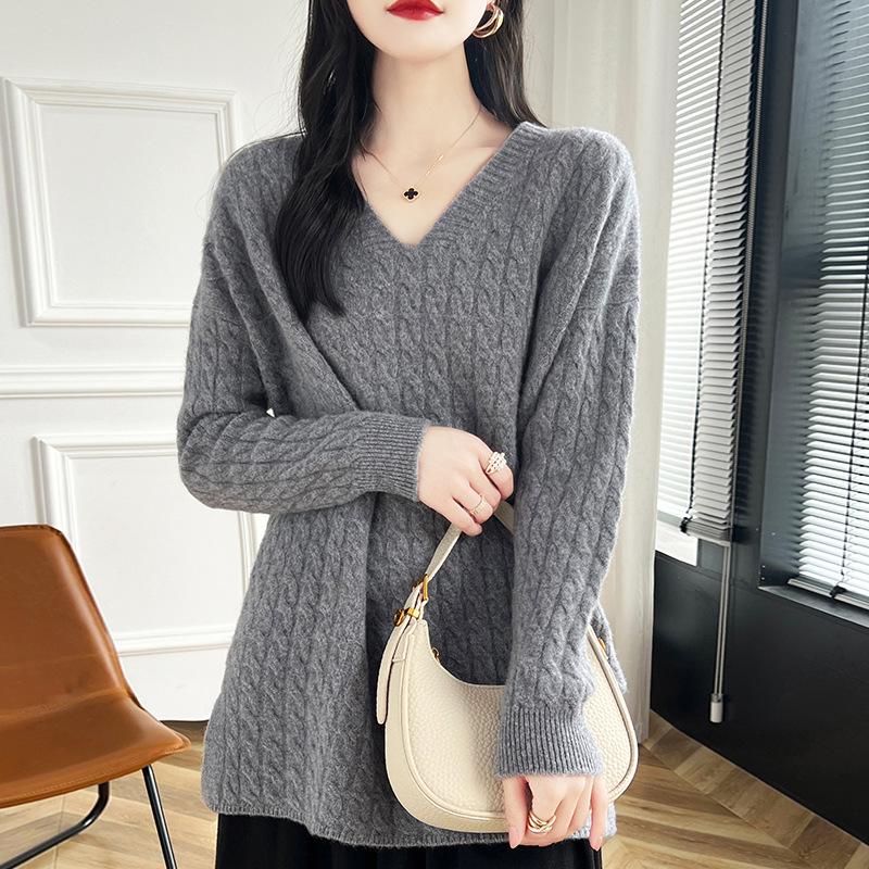 Women's Mid-Length Cable Knit Wool Sweater - Soft, Loose, V-Neck, Perfect for Autumn and Winter, Wear as Outer or Base Layer.
