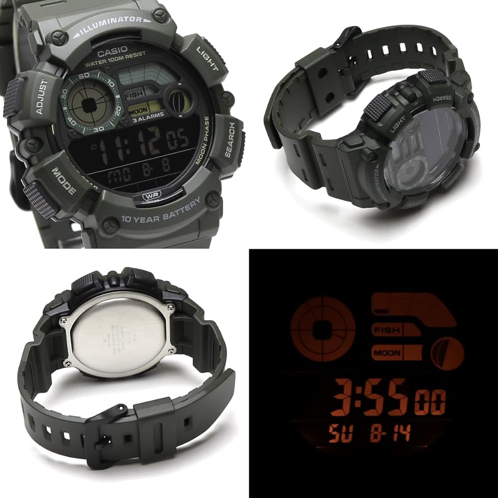 Casio Standard Digital WS-1500 10 ATM Water Resistant Moon Phase Alarm Timer Stopwatch Military Green Men's Watch
