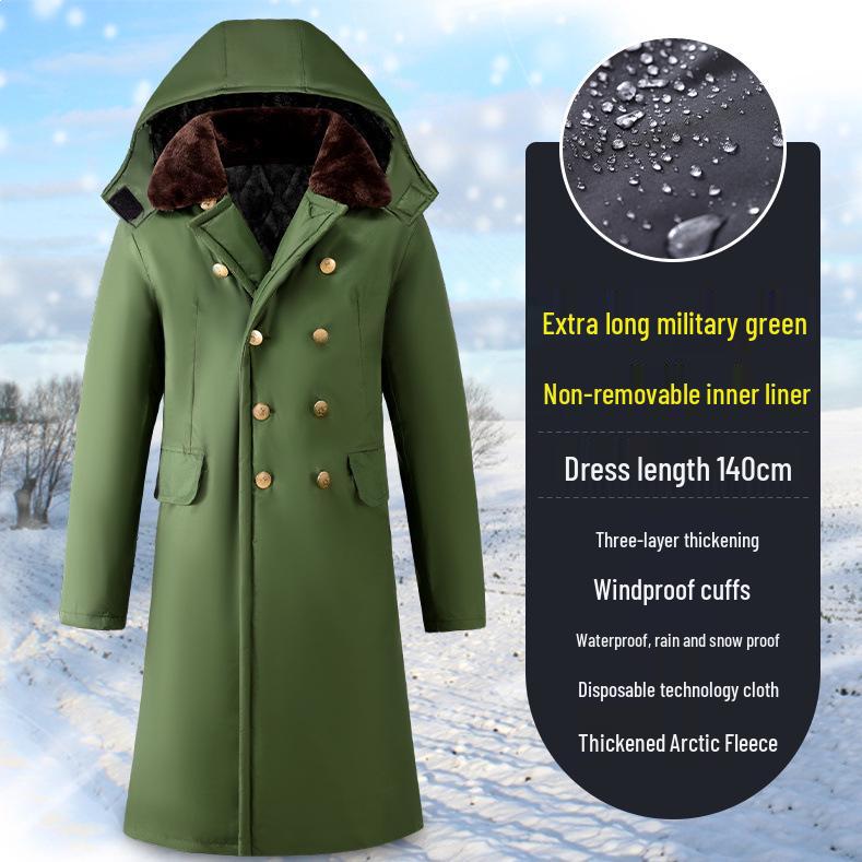 Men's Extra Long Winter Coat - Army Green, Waterproof, Windproof, Thickened Cotton with Removable Velvet Lining, Coldproof for Northeast Winters.