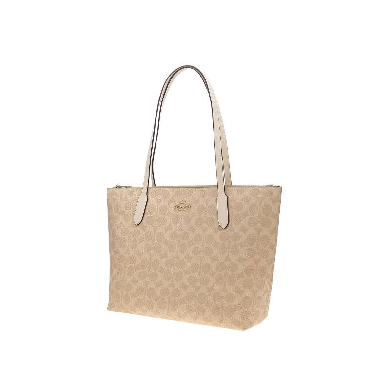 Coach Zip Top Tote 30 Classic Presbyopia Logo Artificial Leather Tote Bag Tote Bag Shopping Bag Hand-held Shoulder Bag Large Women's Beige