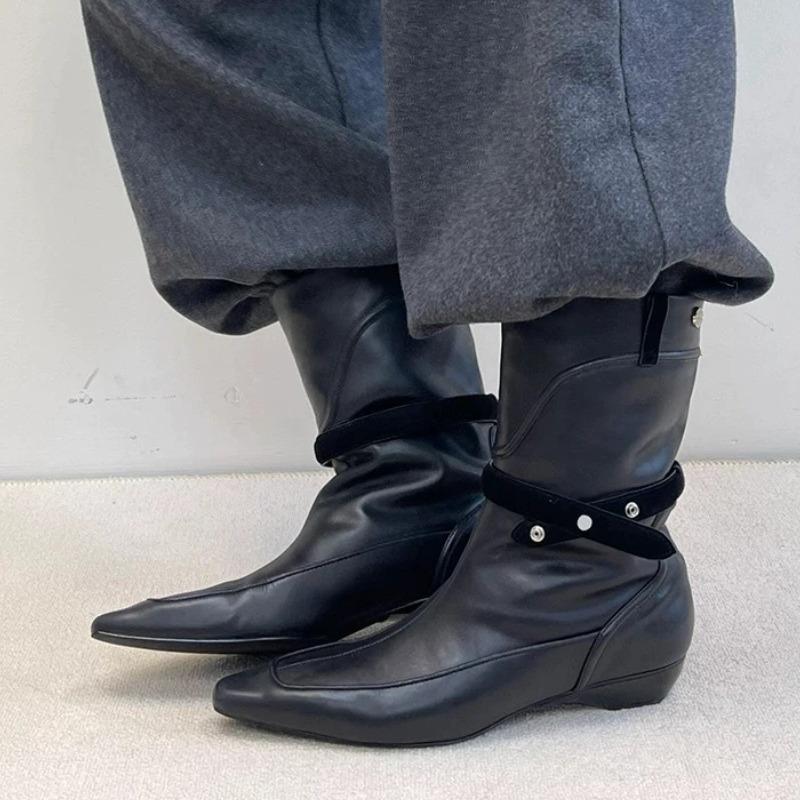 Fashion 2025 Winter New Suede Ankle Boots Women Fashion Retro Pointed Toe Belt Buckle Design Wedge Cowboy Boots Botines Para Mujeres