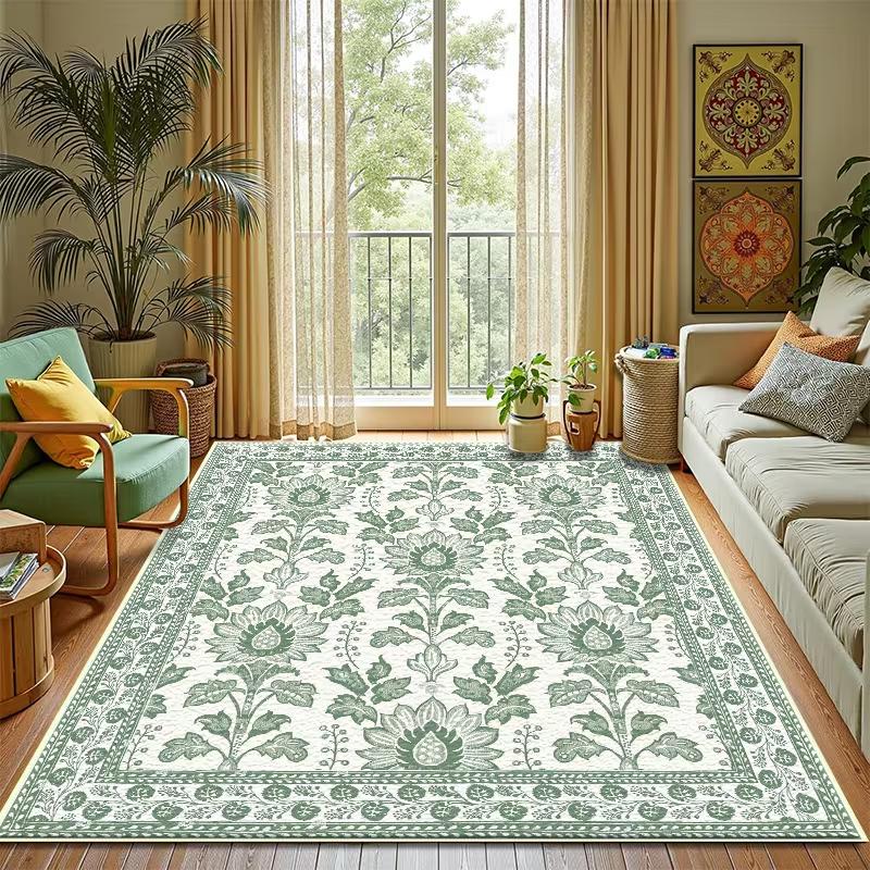 Vintage Cottagecore Floral Area Rug Retro Botanical Flower Soft Non-Slip Carpet Boho Illustration Design Living Room Bedroom Rug