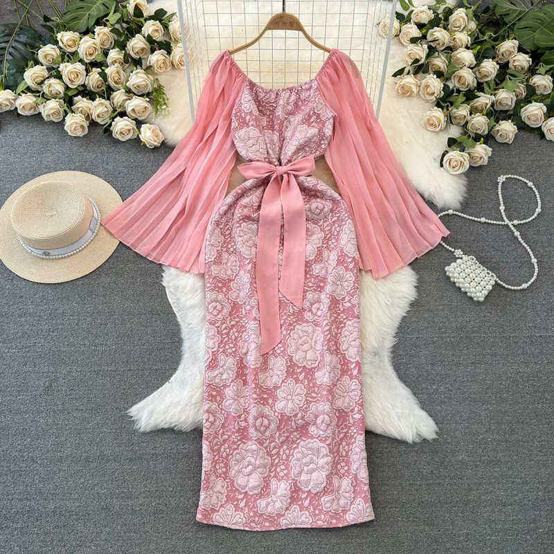 

Socialite Horn Long Sleeves Shoelace Jacquard Dress Dress Pink L