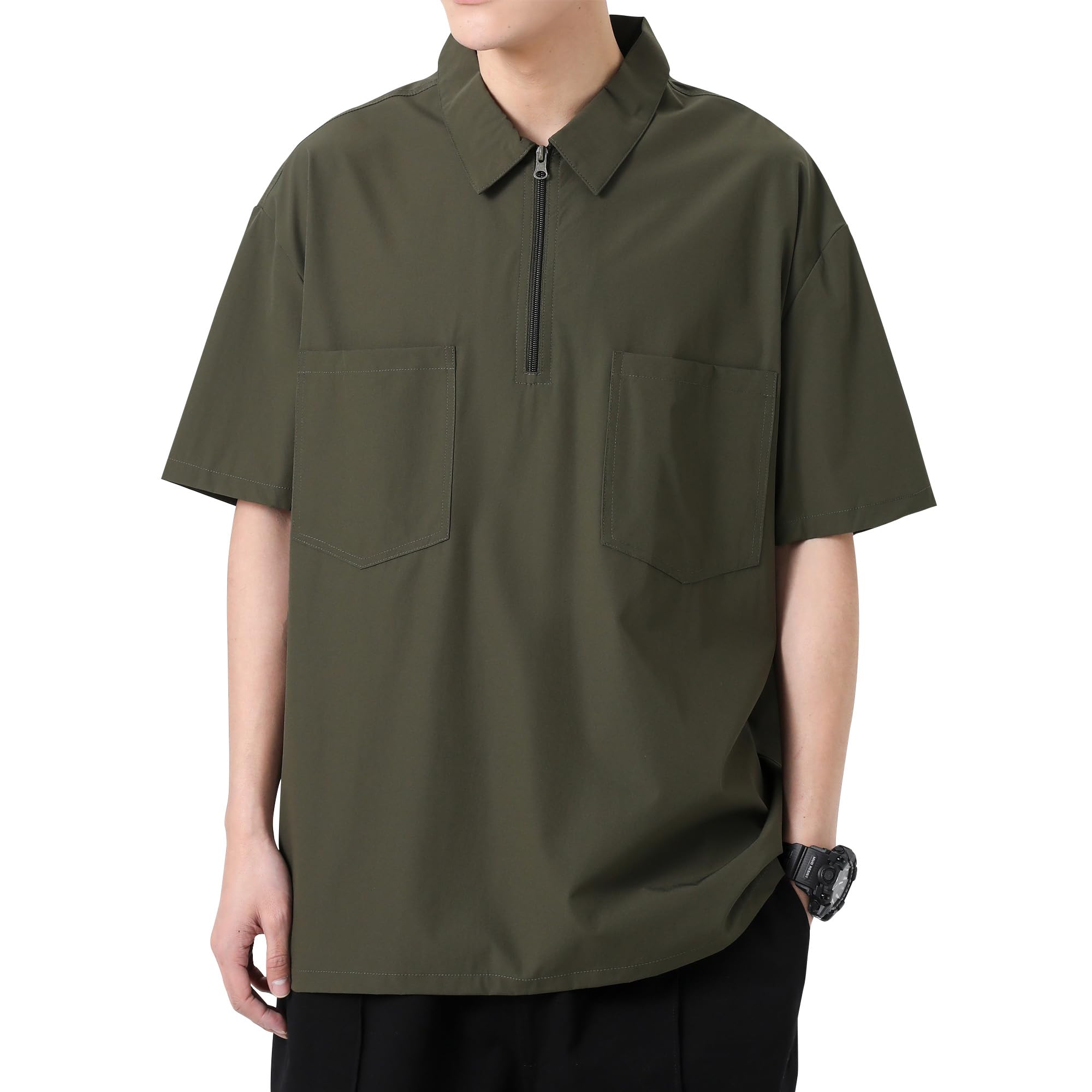

Fasshonrida Men s Short Sleeve Half-Zip Polo Shirt Cool Touch Summer Breathable Pocket T-Shirt Casual Stretch Top Green 2XL