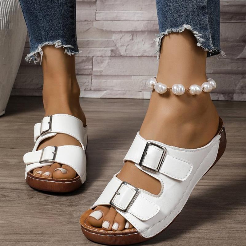 

Fashion Summer Buckle Strap Leather Slippers for Women Non-Slip Plus Size Wedge Woman Slides Soft Insoles Solid Woman Slippers 43 белый