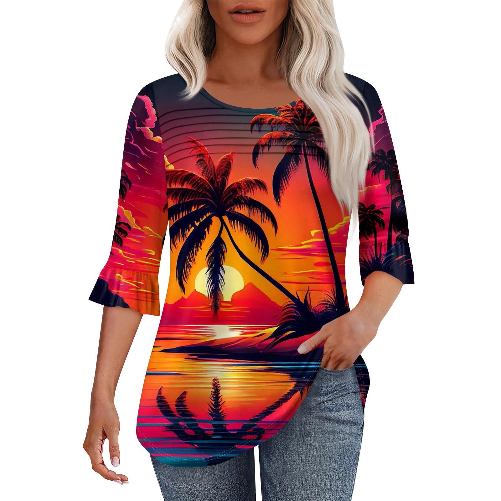 

Женская мода круглый вырез шея плиссированный спереди напечатанные точки расклешенный топ рукав 3/4 XL киноварь