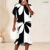 Women Plus Size Black White Printed Round Neck Batwing Sleeve Ruffle Hem Top Fishtail Skirt Two Piece Set