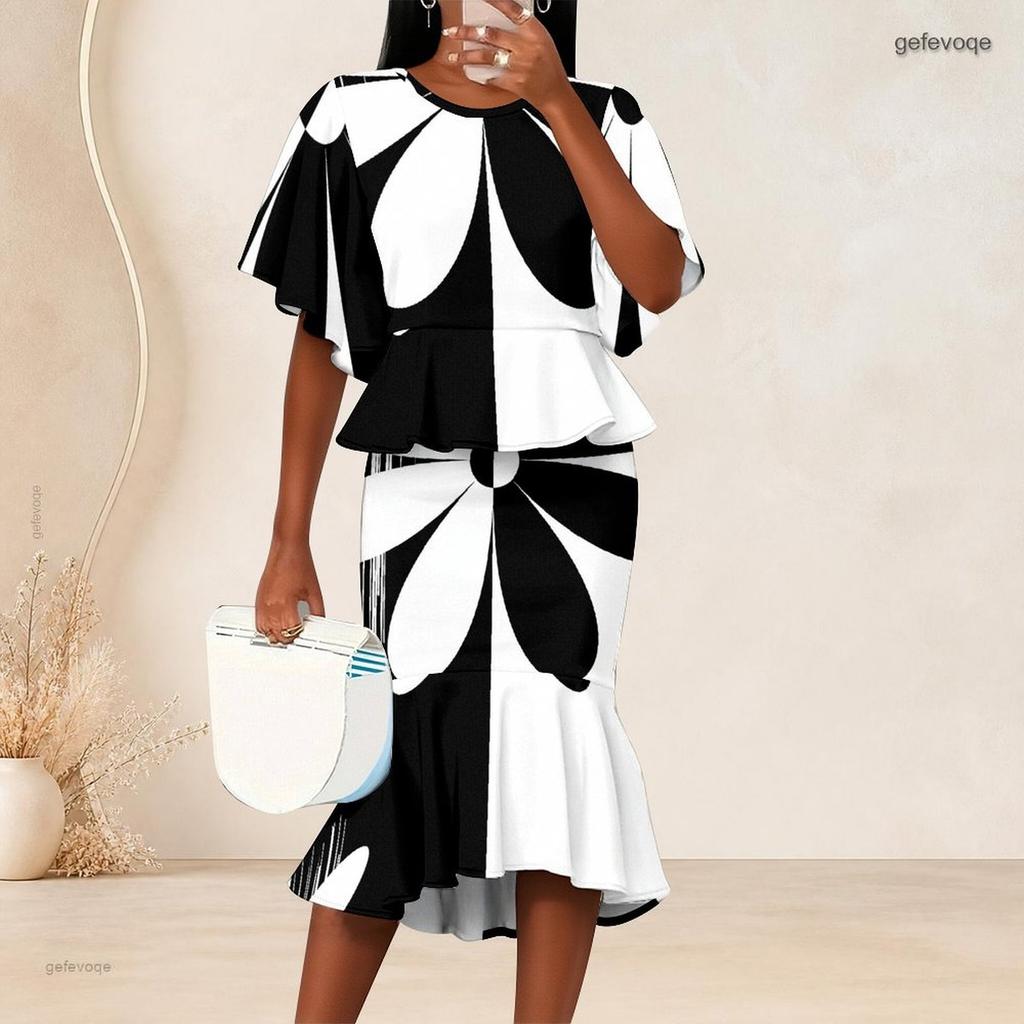Women Plus Size Black White Printed Round Neck Batwing Sleeve Ruffle Hem Top Fishtail Skirt Two Piece Set