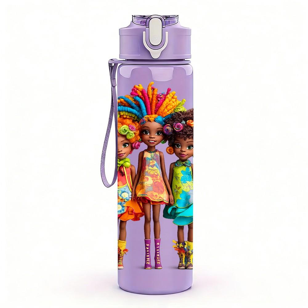 1PC Colorful Multi Ethnic Kid Character Print 750ml Color Plastic Sports Water Bottle Leakproof Flip Straw Lid Suitable for Sports Office Home Use