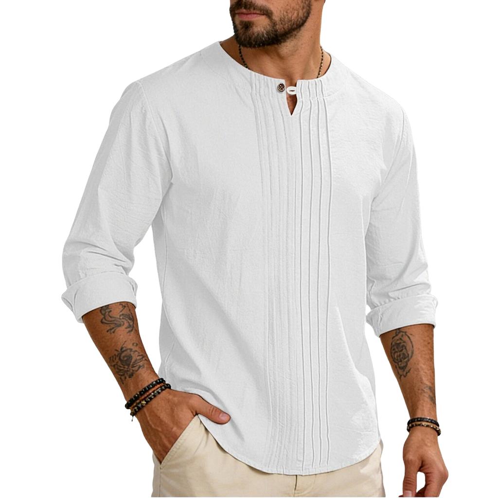 Men's Color Round Neck Long Sleeve Loose Fit Pullover Casual Cotton Linen Top