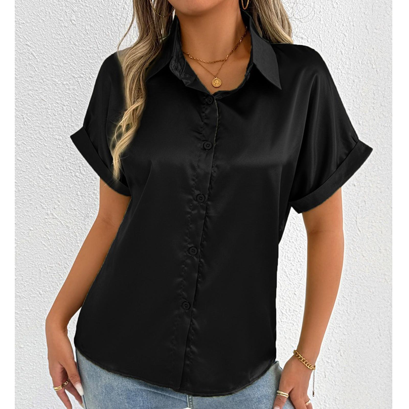 

Women s Fashionable Loose Casual V-Neck Solid Color Button Up Top Solid Color Button Up Top L