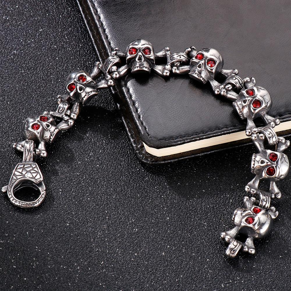 

Браслет-цепочка в стиле панк-череп для мужчин с красными глазами из фианита, готический хип-хоп, крутые украшения в виде скелета, длина 20/23 см 23CM серебряный