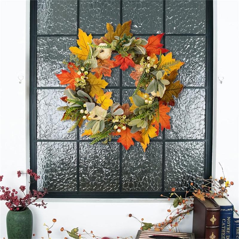 Artificial Wreath with Pumpkins Thanksgiving Wreath for Front Door, Window, Farmhouses, Indoor and Outdoor Decorations