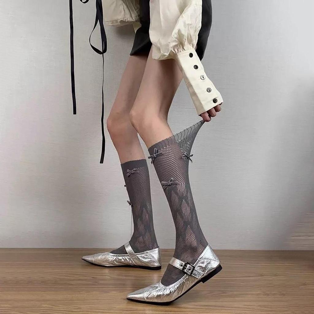 Mesh Bowknot Calf Stockings for Women Vintage Solid Color Summer Breathable Long Socks Sweet Girls Knee High Fishnet Pile Socks