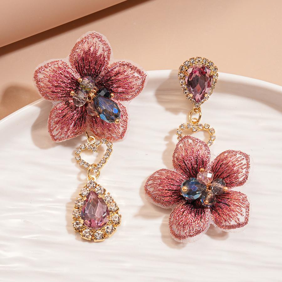 Vintage fabric diamond-set asymmetrical flower water drop silver needle earrings elegant earrings