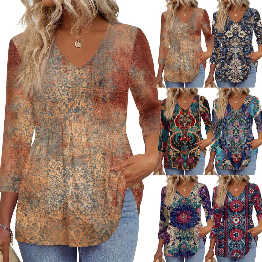 Women's T Shirt Print 3/4 Sleeve Fashion Basic V- Neck Regular Top